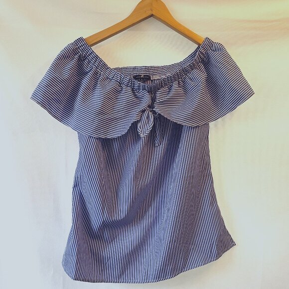 Staccato Off Shoulder Nautical Striped Top Blue White Small - Picture 1 of 6